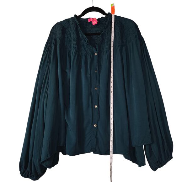 Catherine Malandrino Womens Teal Blue Smocked Peasant Blouse XL Poet‎ Sleeve Top - Picture 7 of 13